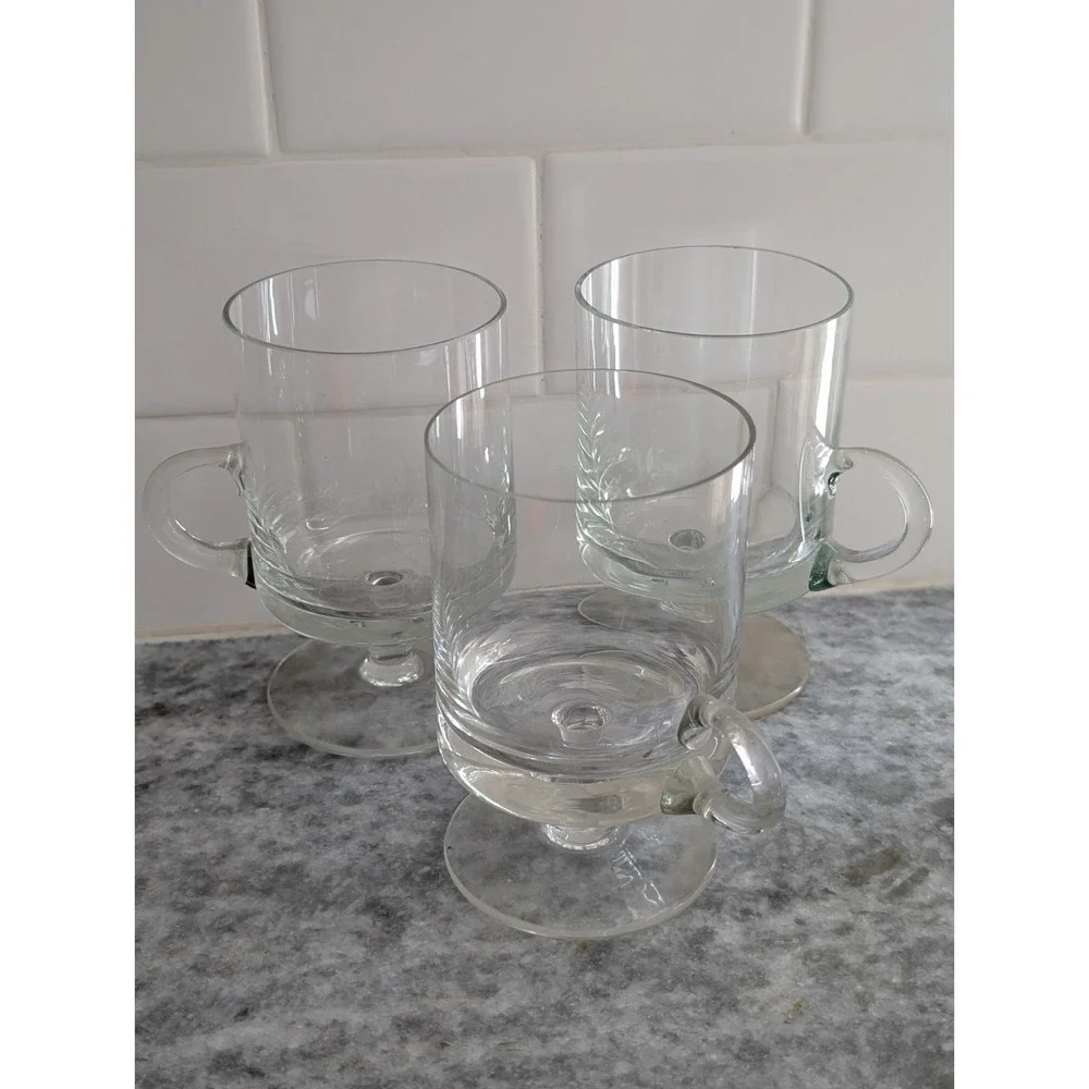 Vintage Clear Glass Footed Pedestal Coffee Mugs Cups Set of 3 Loop Handles 5